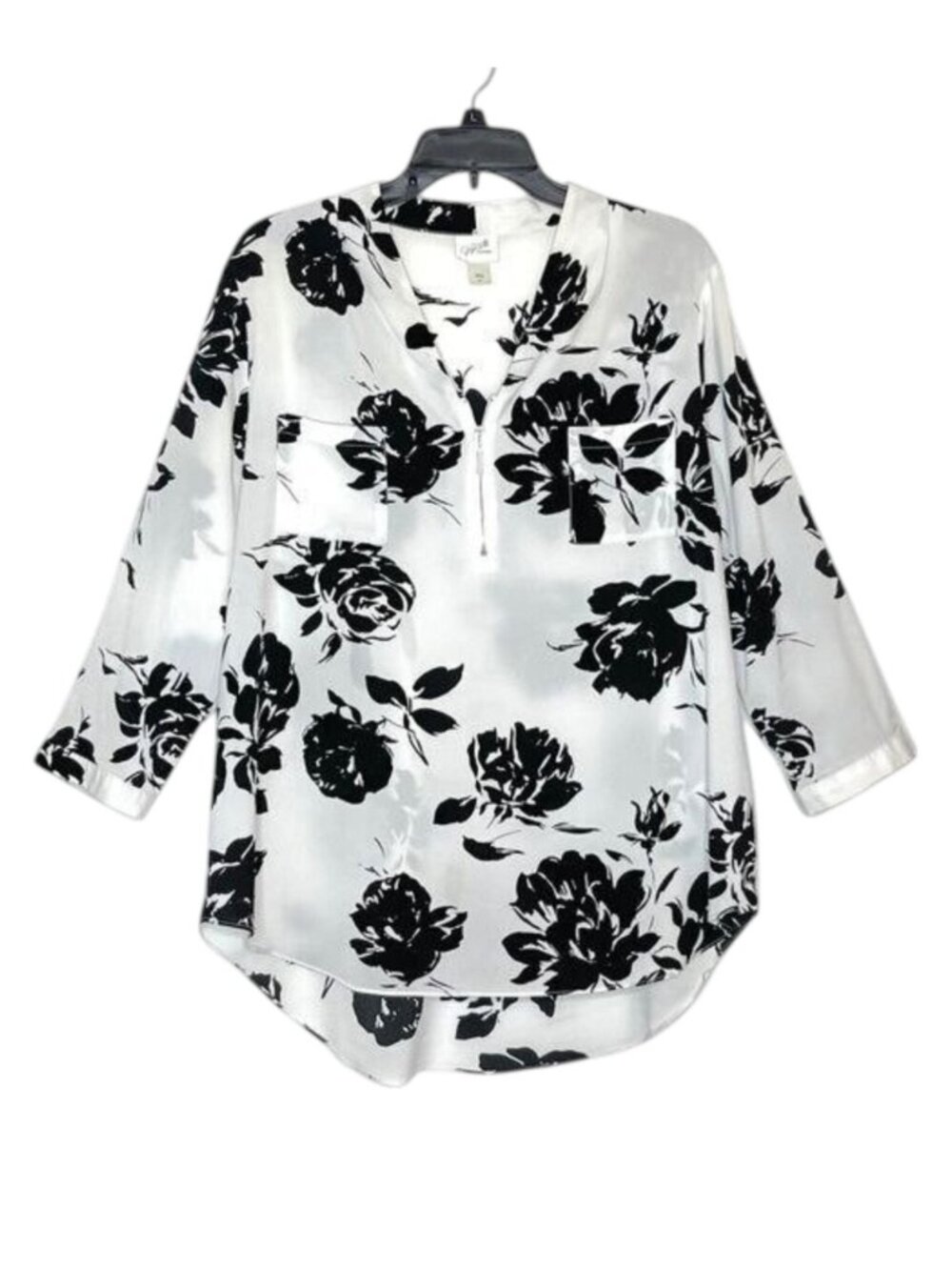Jaclyn Smith Collection Black White Floral V-neck Zip Tunic XL
